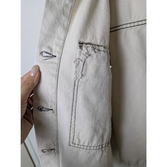 Zara Denim Neutral Contrast Boxy Crop Raw Hem Jacket Women Size M Grunge Trucker - Picture 10 of 12